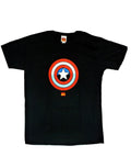 Captain America shield graphic on a black adult t-shirt.