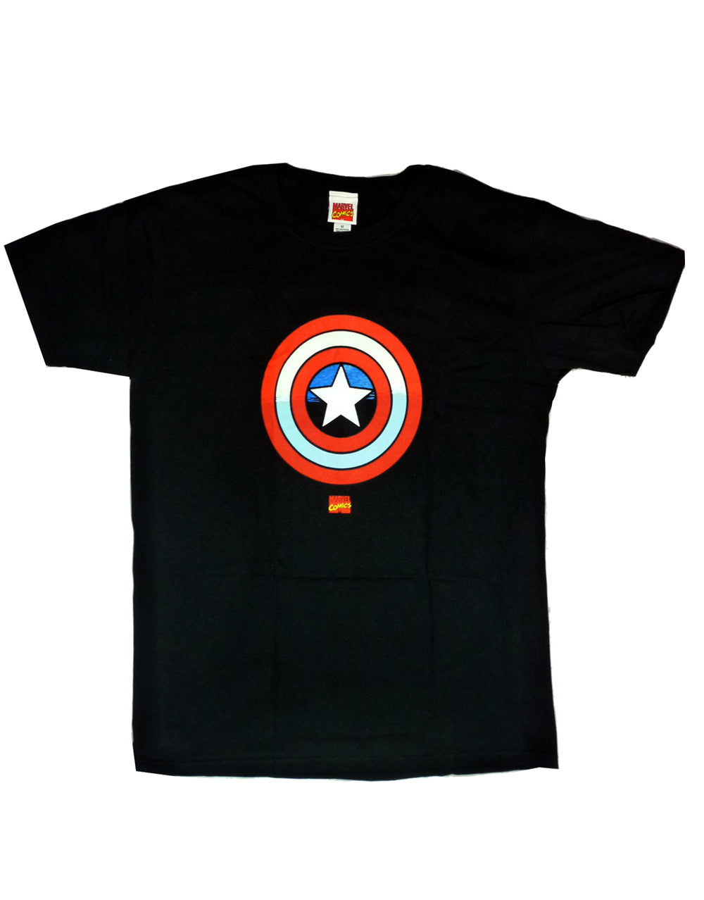 Captain America shield graphic on a black adult t-shirt.
