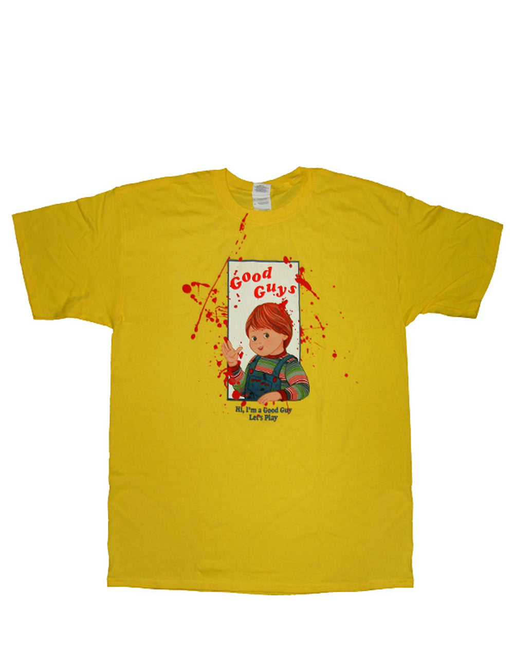 Child's Play Chucky good guys graphic on a yellow adult t-shirt.