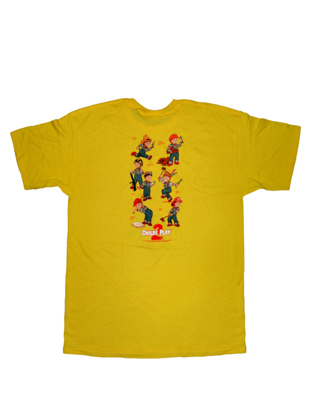 Child's Play Chucky good guys graphic on a yellow adult t-shirt.
