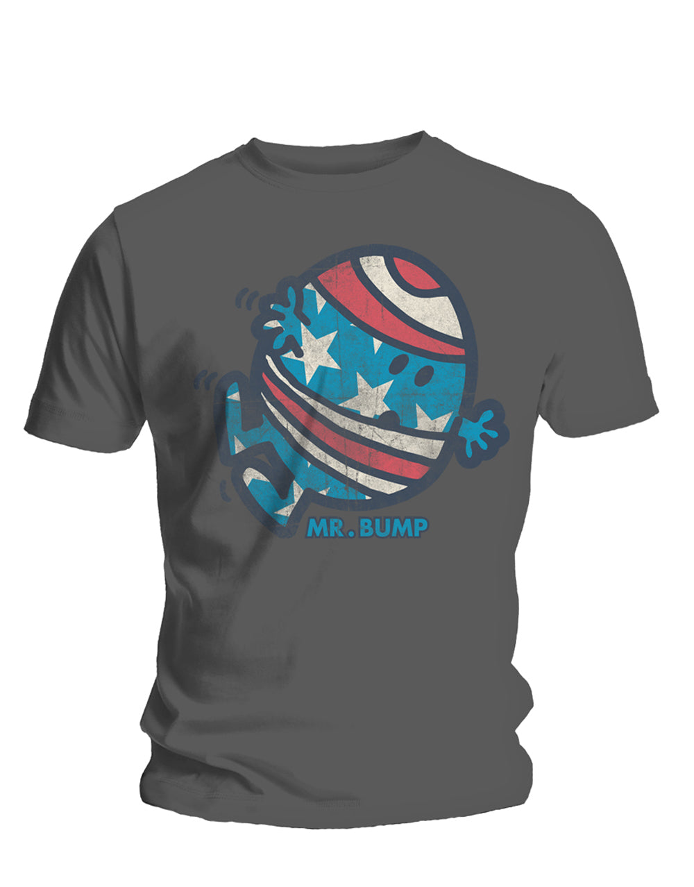 Mr Men Mr Bump USA graphic on a grey adult t-shirt.