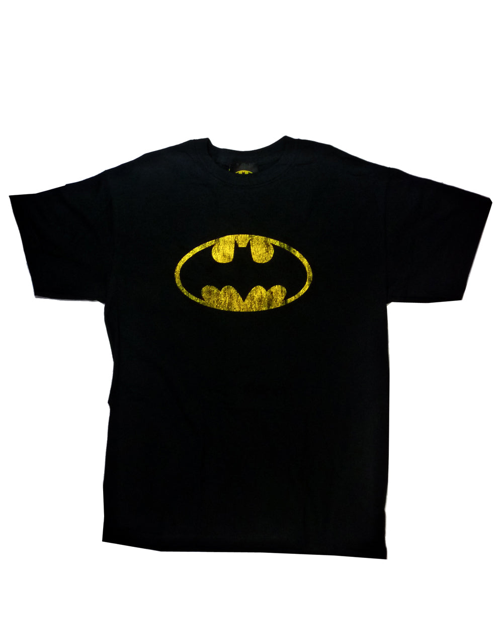 Batman distressed shield graphic on a black adult t-shirt.