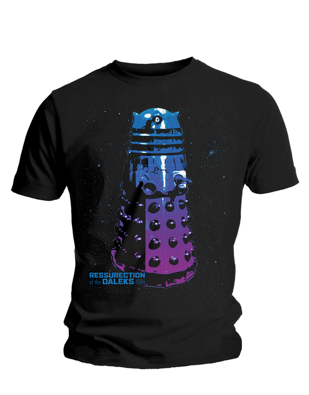 Doctor Who Dalek graphic on a black adult t-shirt.