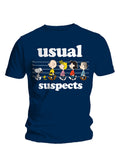 Peanuts usual suspects graphic on a navy blue adult t-shirt.