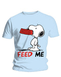 Peanuts Snoopy feed me graphic on a light blue adult t-shirt.