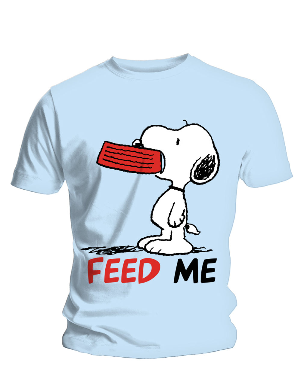 Peanuts Snoopy feed me graphic on a light blue adult t-shirt.
