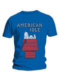 Peanuts Snoopy American idle graphic on a blue adult t-shirt.
