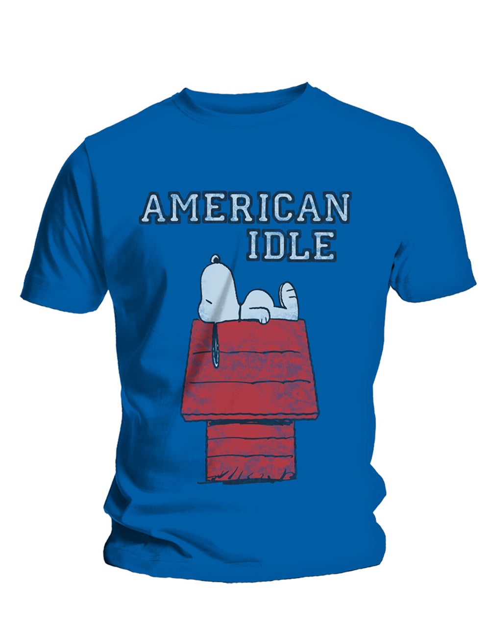 Peanuts Snoopy American idle graphic on a blue adult t-shirt.