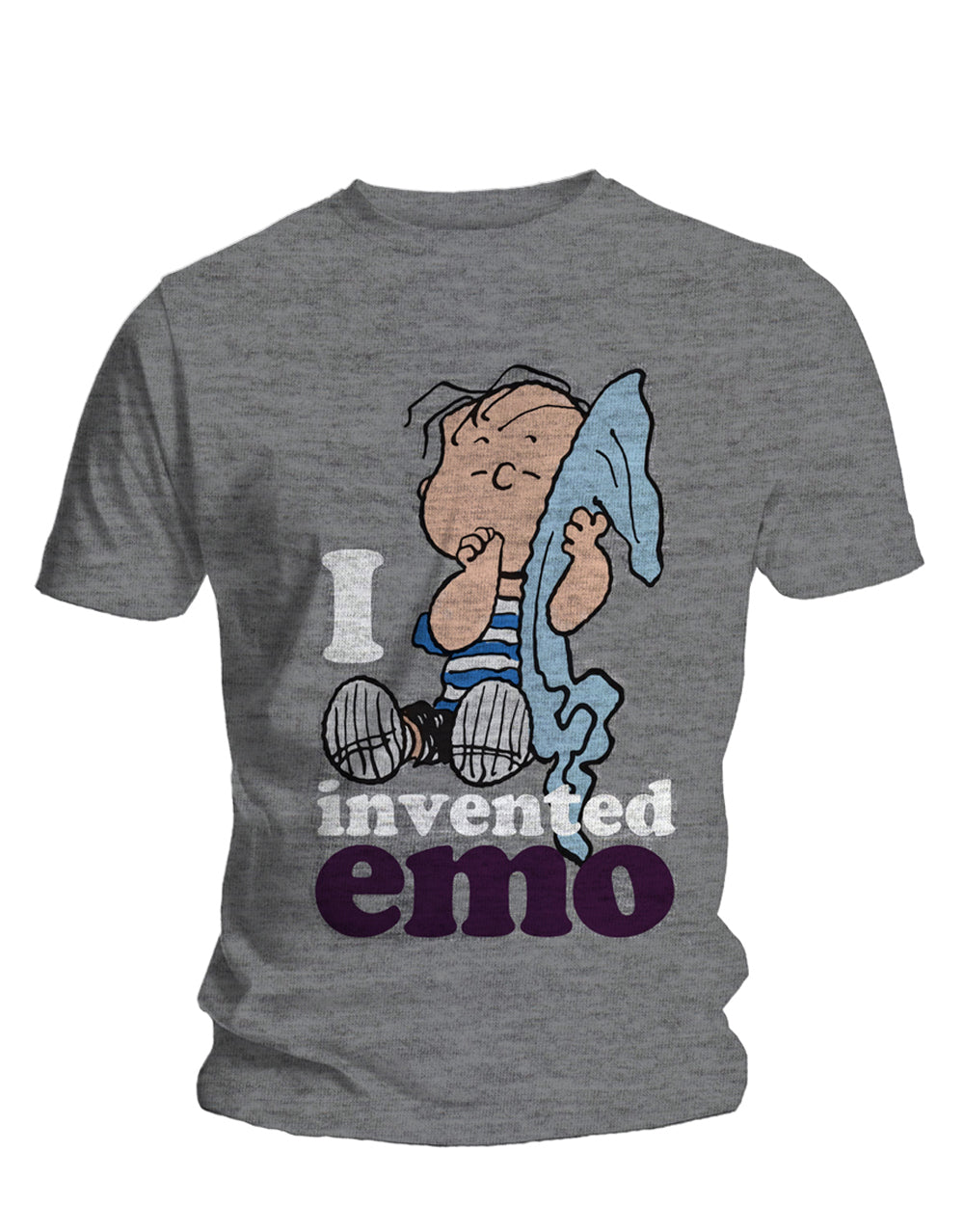 Peanuts I invented emo graphic on a grey adult t-shirt.