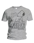 Peanuts where's Charlie graphic on a light grey adult t-shirt.