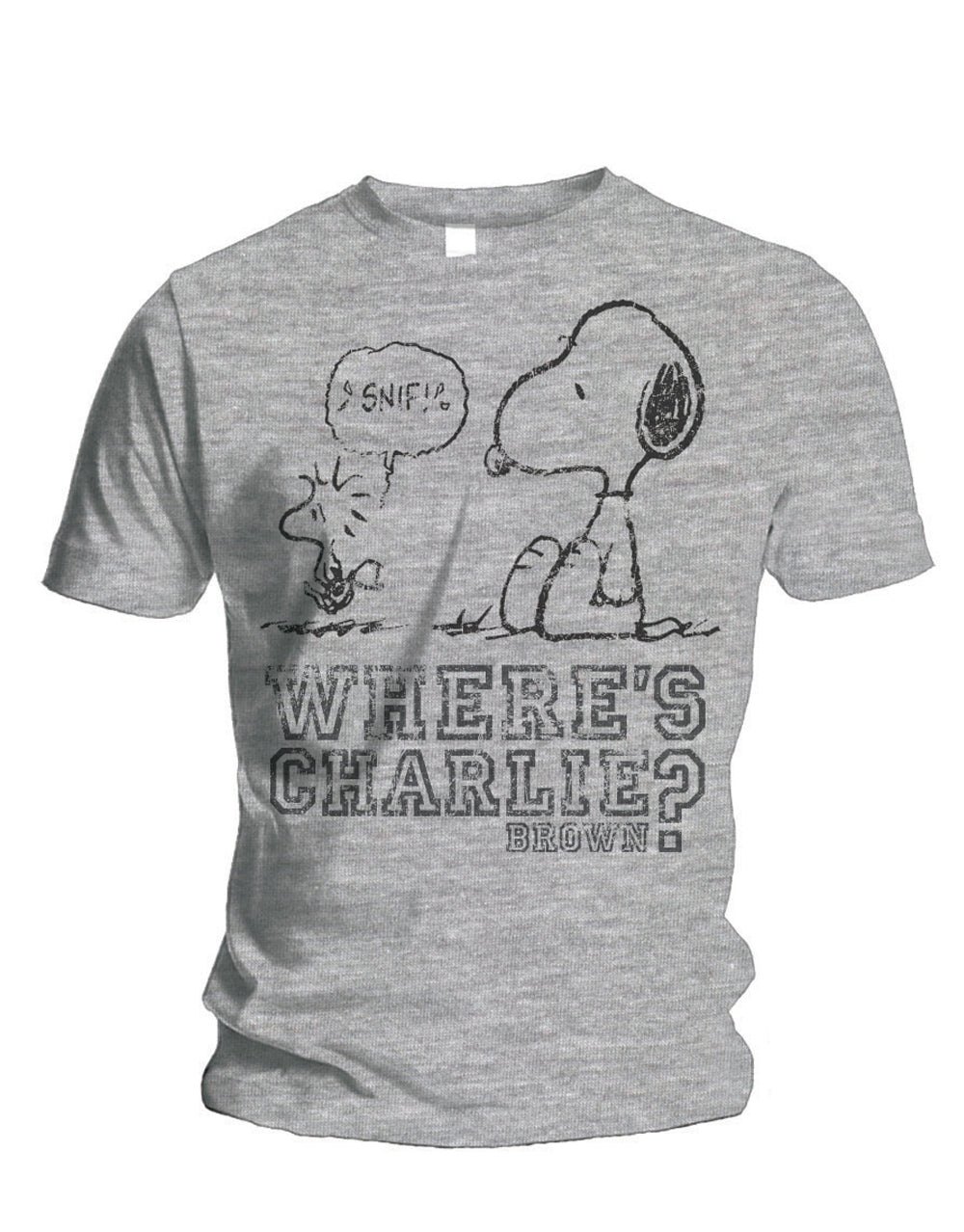 Peanuts where's Charlie graphic on a light grey adult t-shirt.