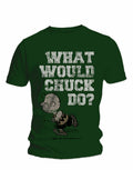 Peanuts what would Chuck do graphic on a green adult t-shirt.