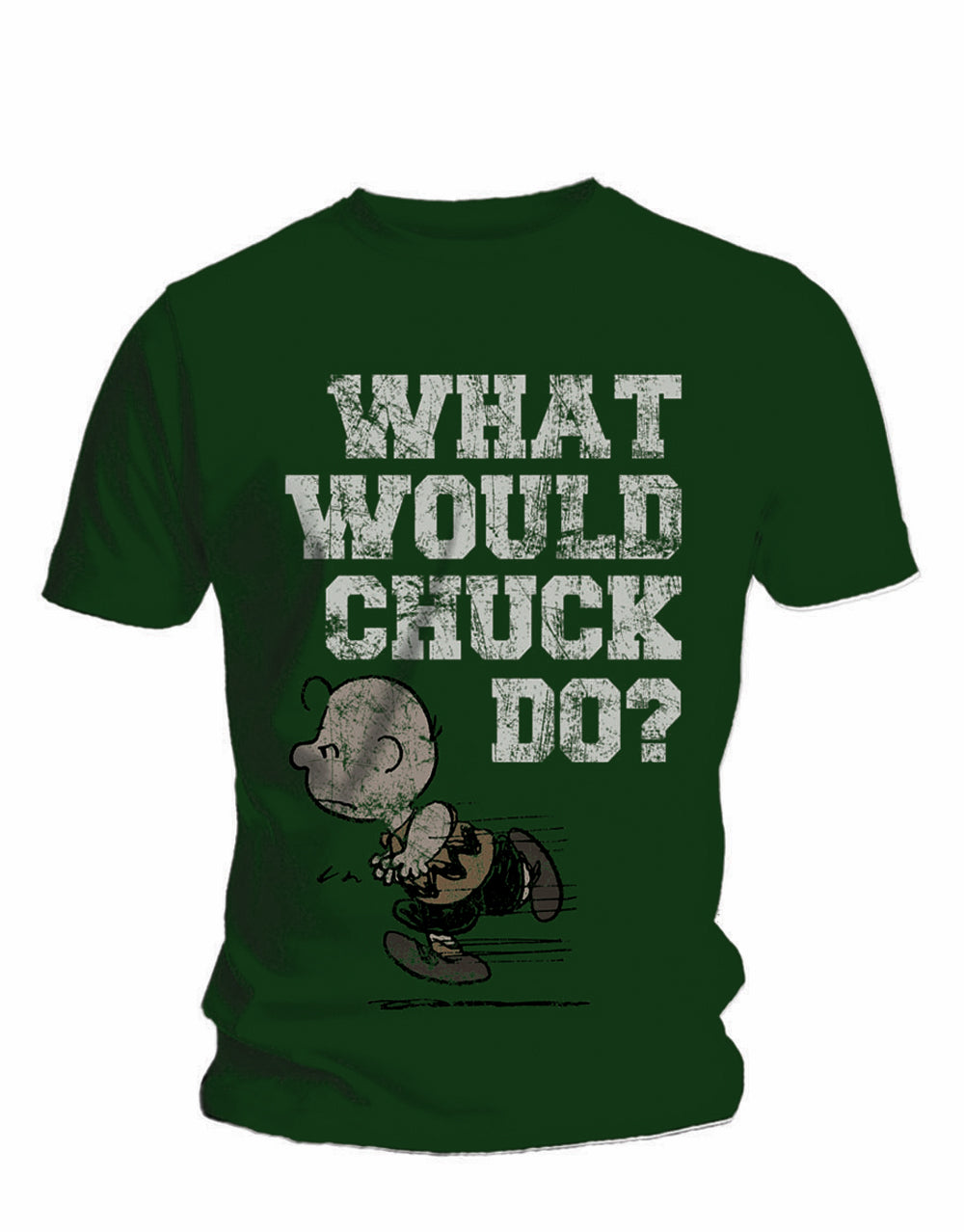 Peanuts what would Chuck do graphic on a green adult t-shirt.