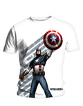 Captain America star and stripes graphic on a white adult t-shirt.