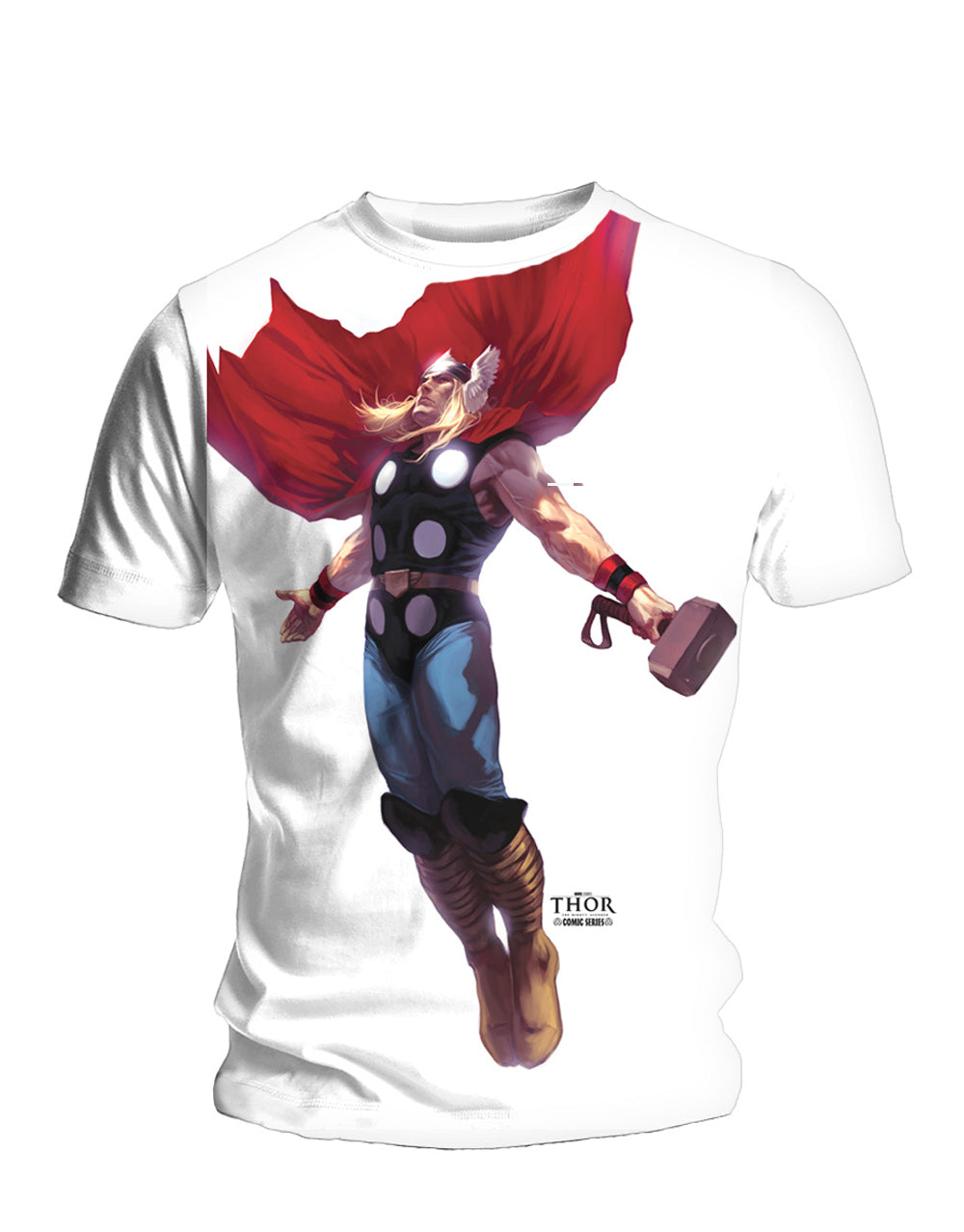 Thor levitate graphic on a white adult t-shirt.