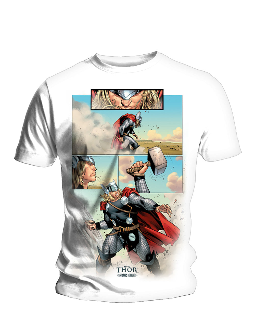 Thor panels comic graphic on a white adult t-shirt.