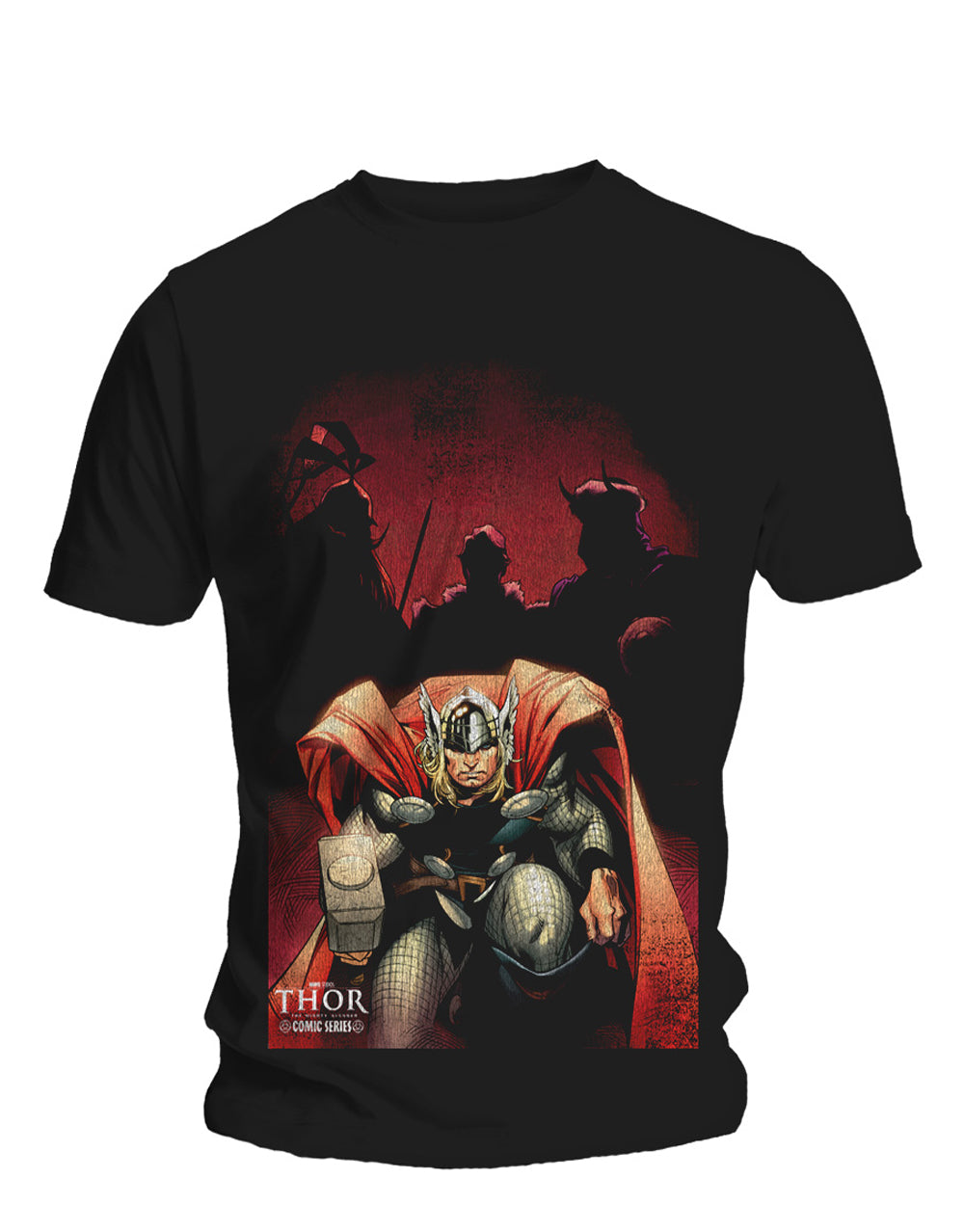 Thor in the shadows graphic on a black adult t-shirt.