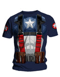 Captain America chest graphic on a navy blue adult t-shirt.