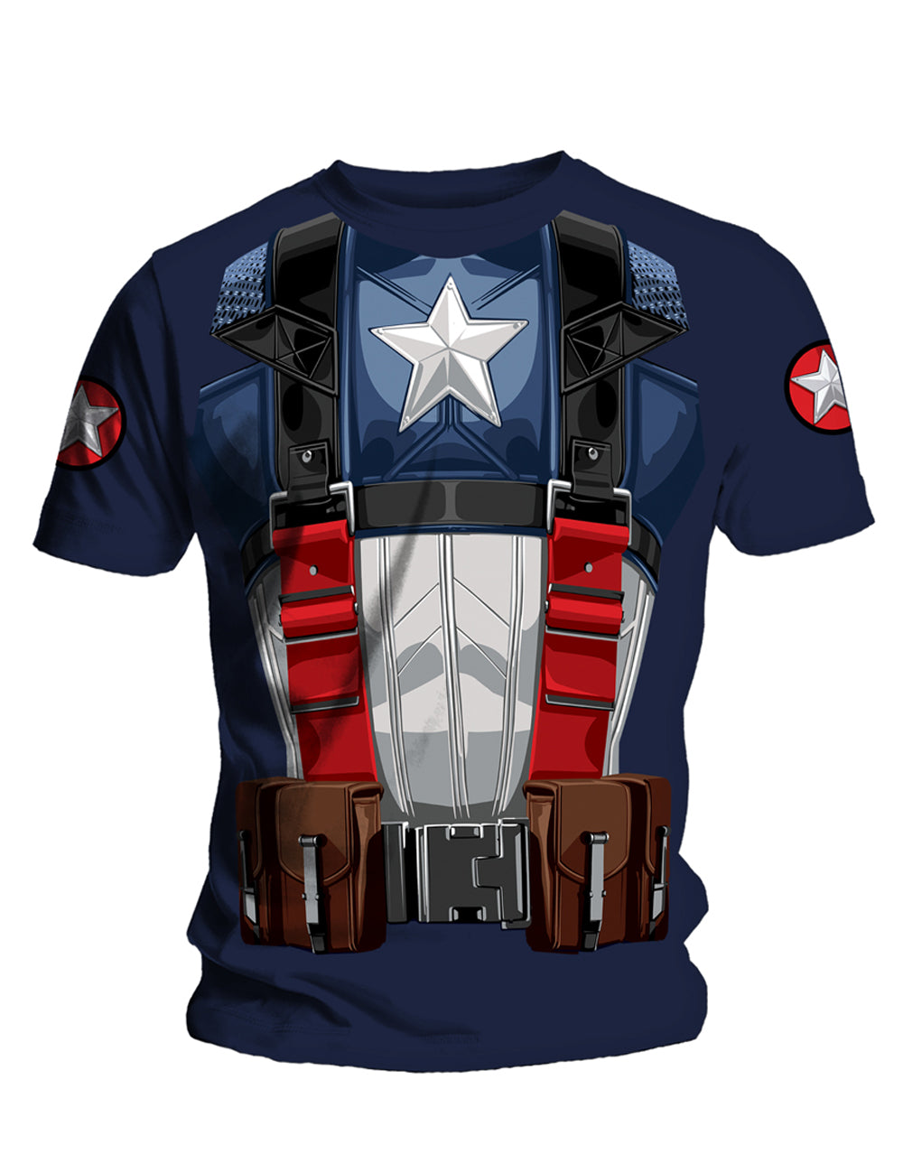 Captain America chest graphic on a navy blue adult t-shirt.