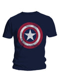Captain America distressed shield graphic on a navy blue adult t-shirt.