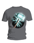 Thor Mjolnir runic glow graphic on a grey adult t-shirt.