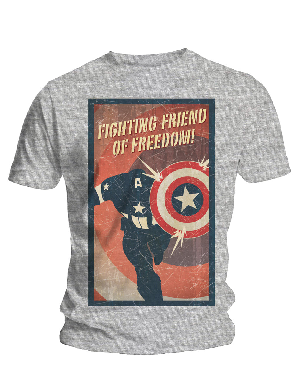 Captain America retro freedom graphic on a grey adult t-shirt.