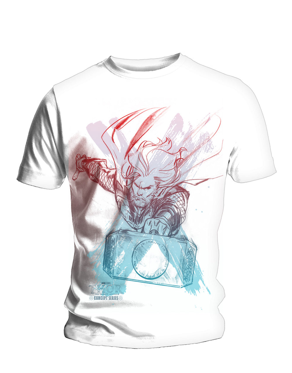 Thor flying hammer graphic on a white adult t-shirt.