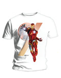 The Avengers Iron Man insignia graphic on a white adult t-shirt.