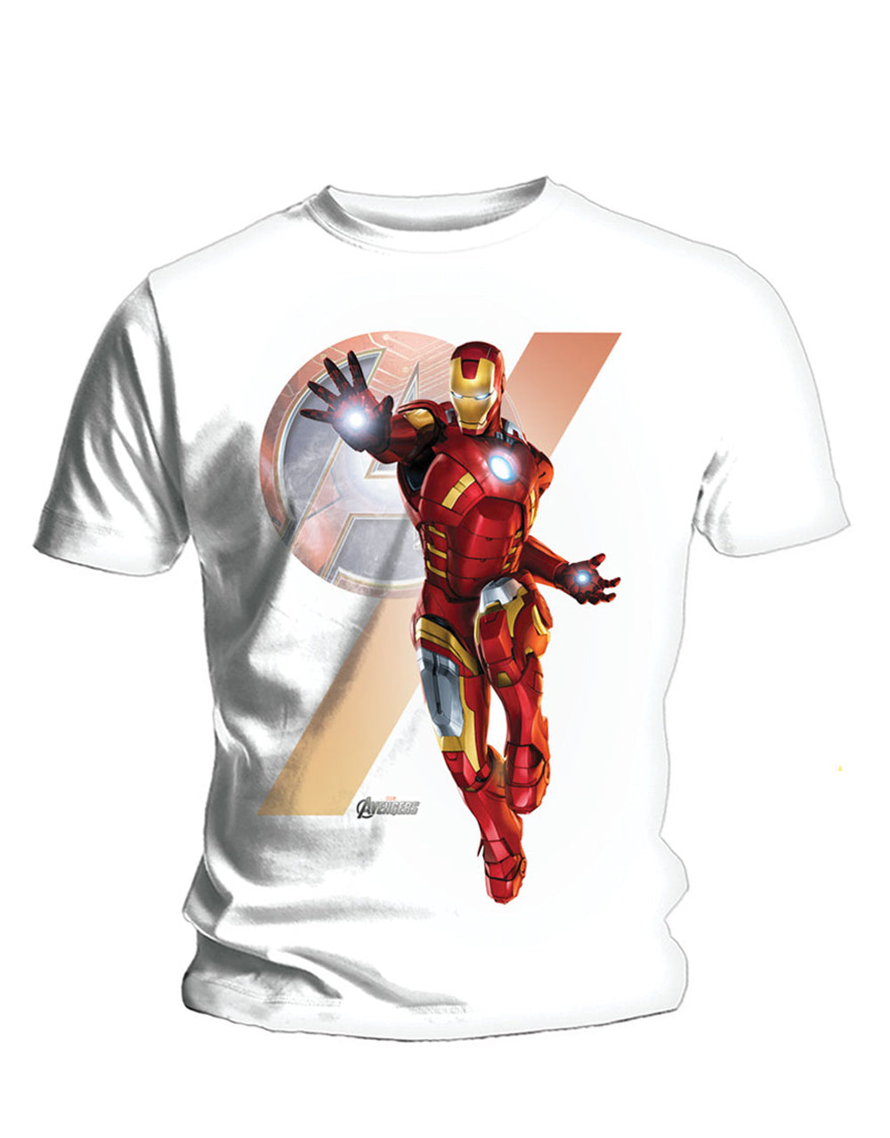 The Avengers Iron Man insignia graphic on a white adult t-shirt.