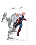 The Avengers Captain America Marvel assemble insignia graphic on a white adult t-shirt.