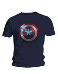 The Avengers Captain America shield graphic on a navy blue adult t-shirt.