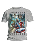 The Avengers Captain America Hulk Iron Man Marvel assemble distress graphic on a grey adult t-shirt.
