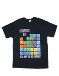 Tetris hip to be square graphic on a black adult t-shirt.