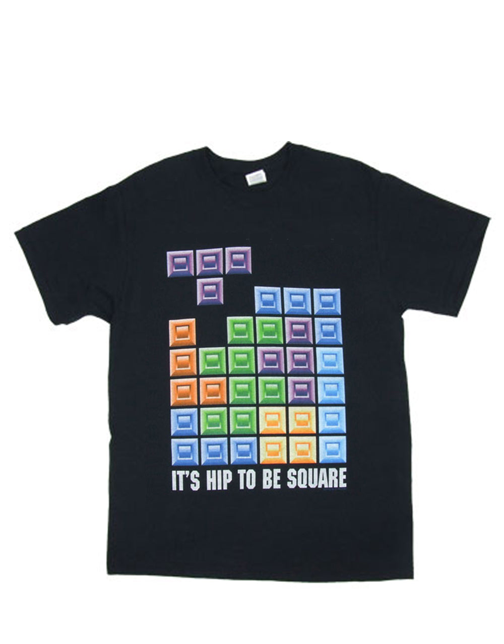 Tetris hip to be square graphic on a black adult t-shirt.