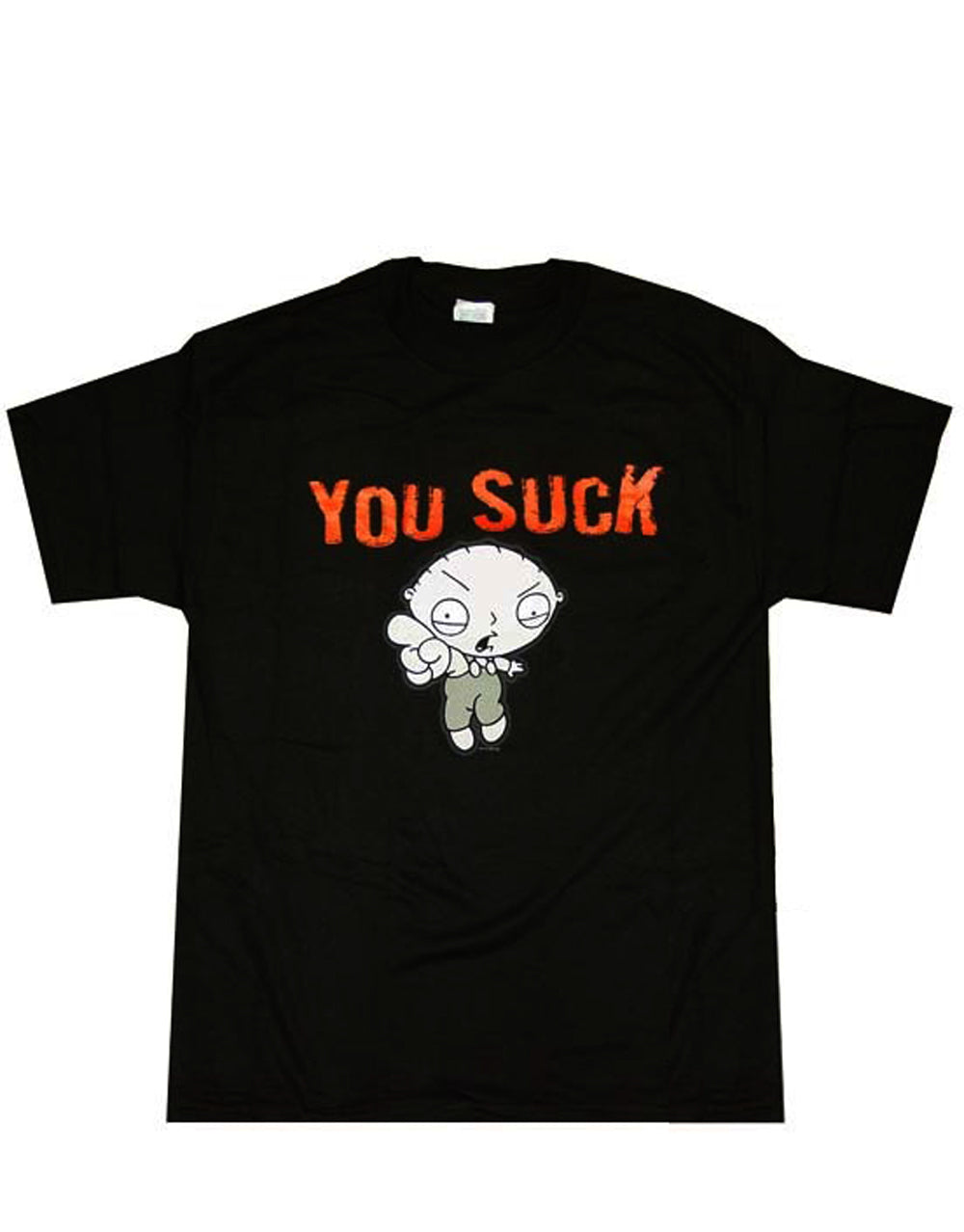 Stewie you suck graphic on a black adult t-shirt.