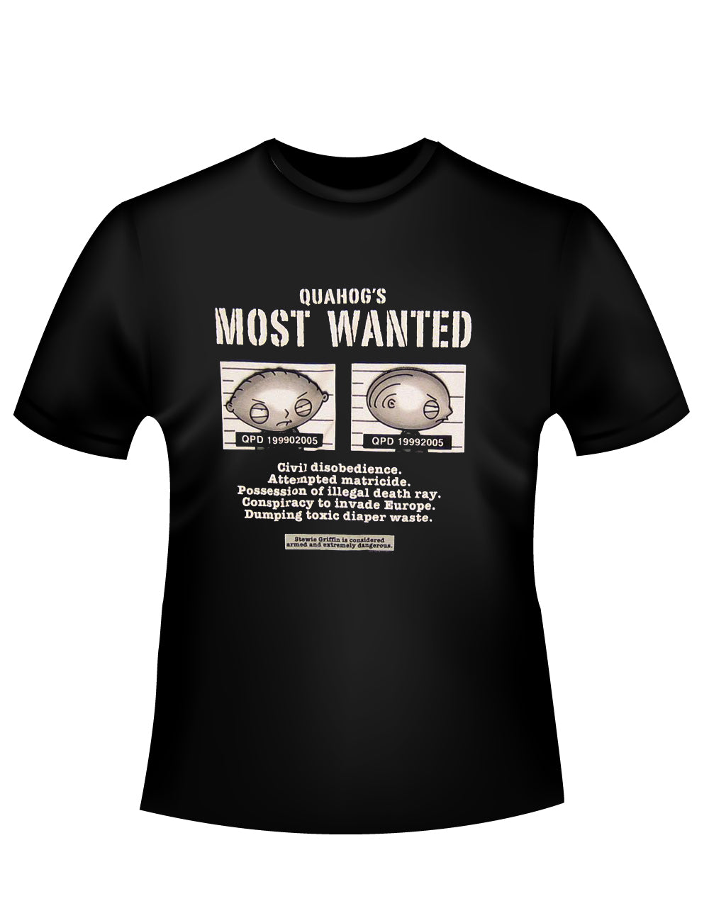 Stewie most wanted graphic on a black adult t-shirt.