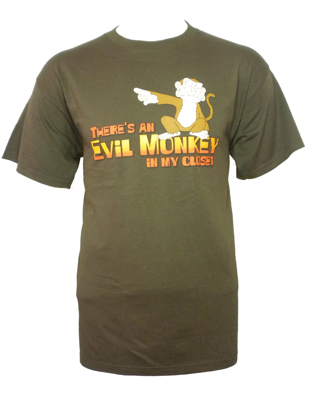 Evil monkey graphic on a brown adult t-shirt.