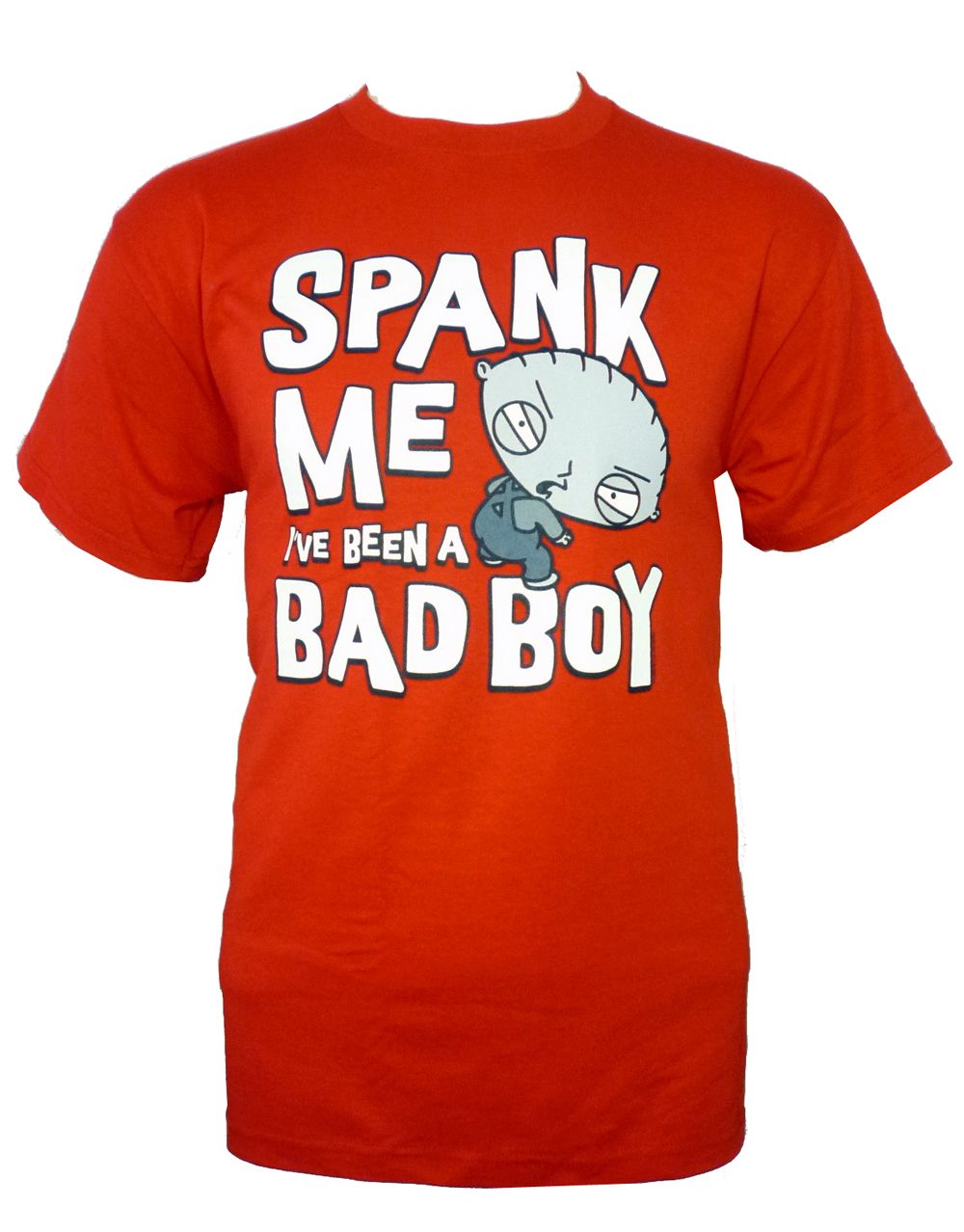 Stewie spank me graphic on a red adult t-shirt.