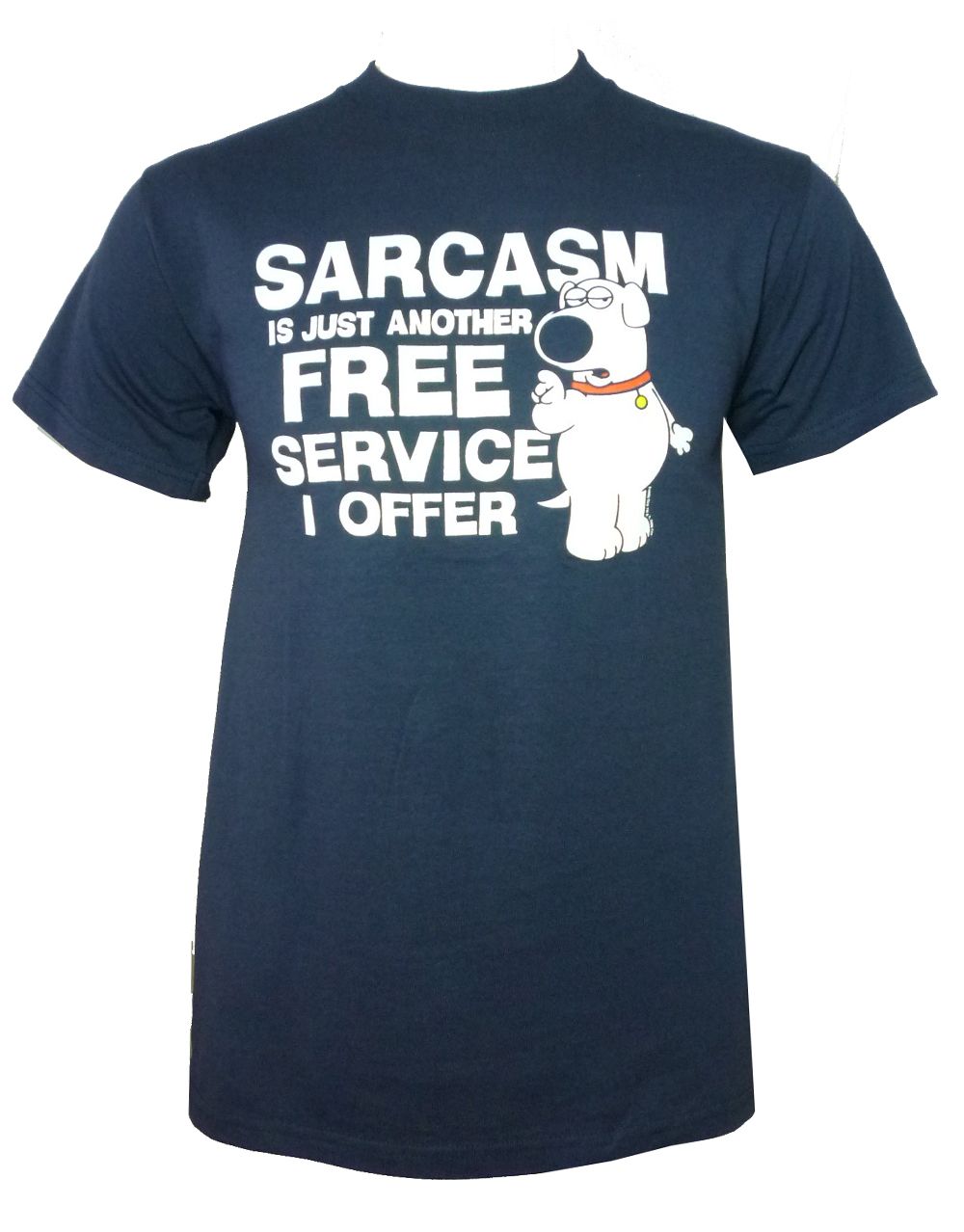 Brian sarcasm graphic on a navy blue adult t-shirt.