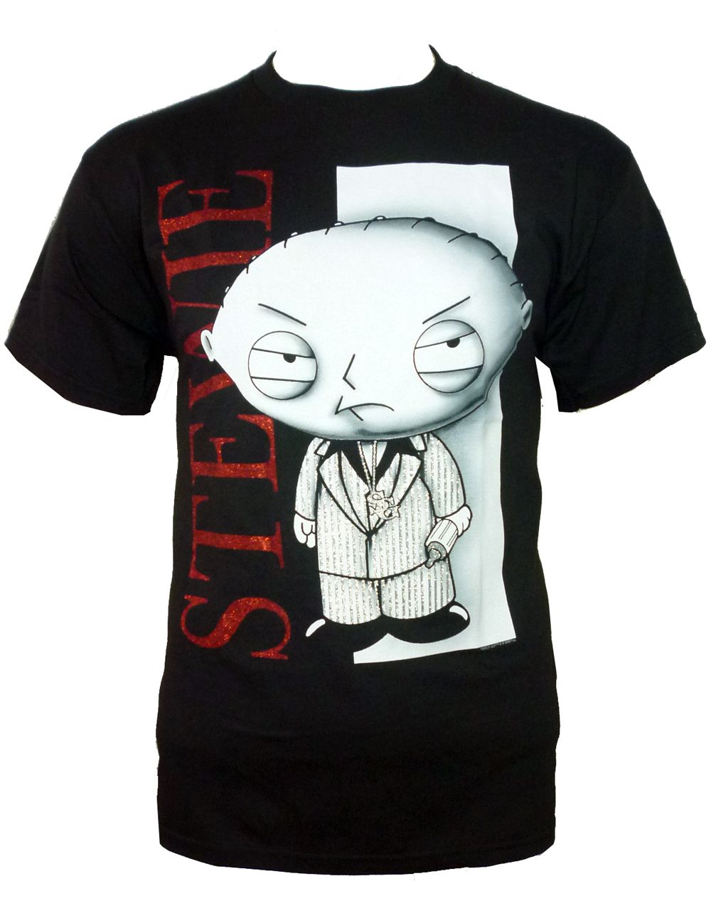 Stewie Scarface graphic on a black adult t-shirt.