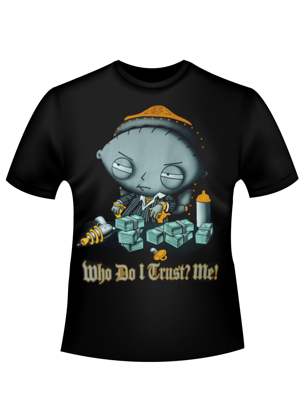 Stewie trust graphic on a black adult t-shirt.