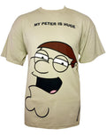 Peter Griffin is huge graphic on a beige adult t-shirt.