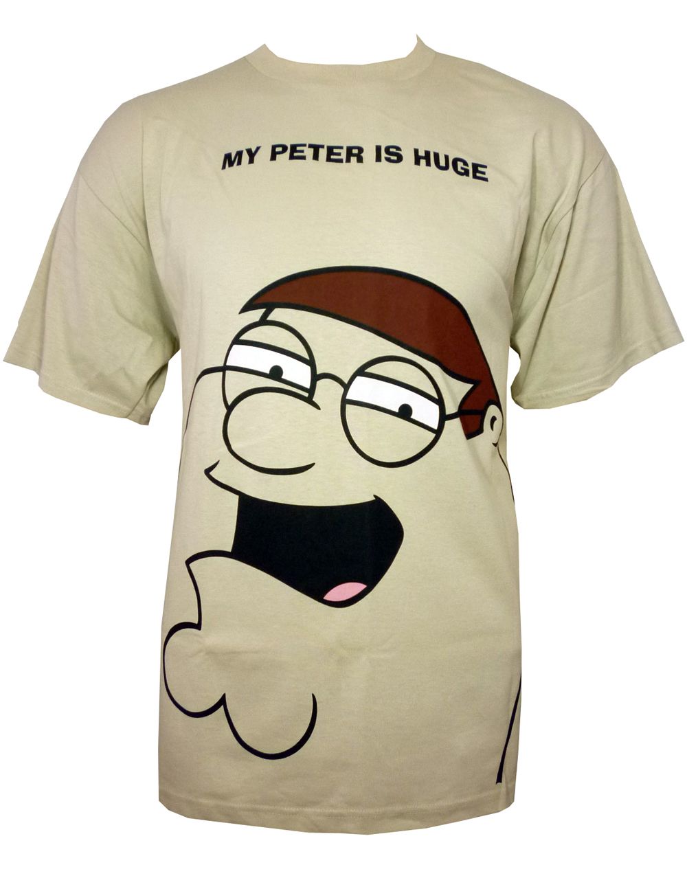 Peter Griffin is huge graphic on a beige adult t-shirt.