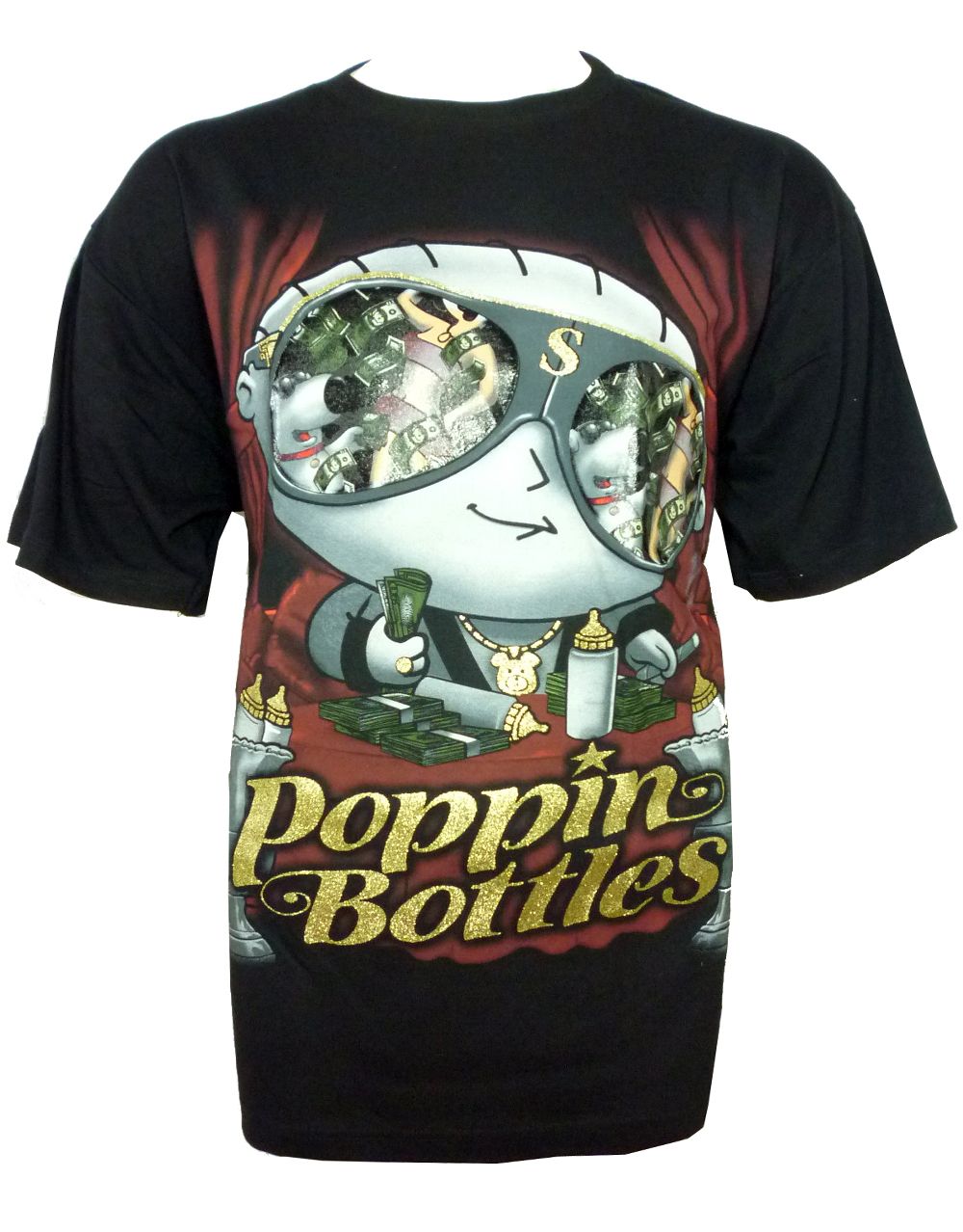 Stewie poppin bottles graphic on a black adult t-shirt.