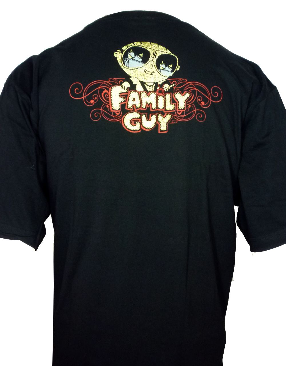 Stewie poppin bottles graphic on a black adult t-shirt.