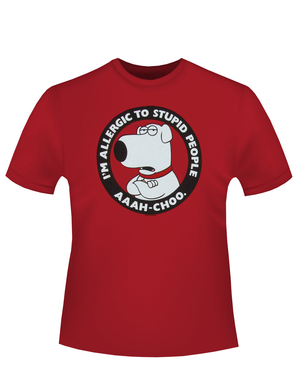 Brian allergic graphic on a red adult t-shirt.