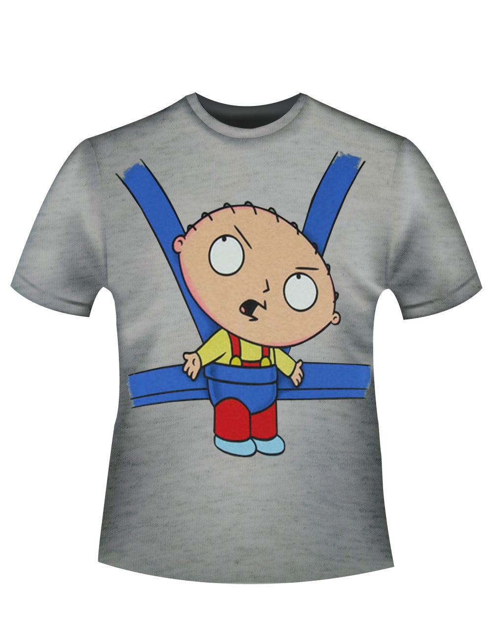 Stewie baby sling graphic on a heathered grey adult t-shirt.