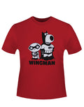 Superheroes wingman graphic on a red adult t-shirt.