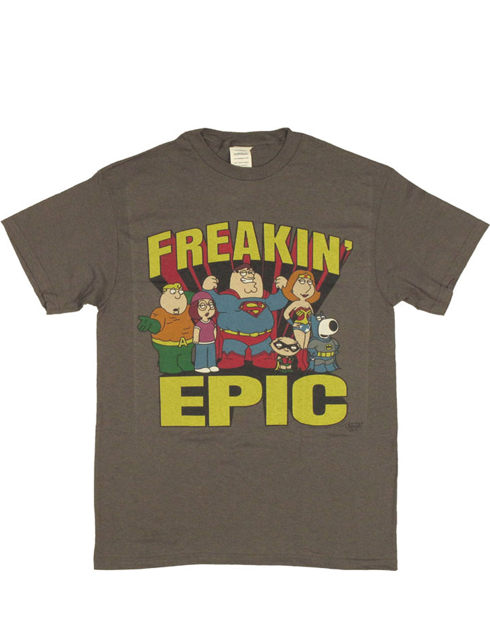 Family Guy superheroes epic graphic on a grey adult t-shirt.