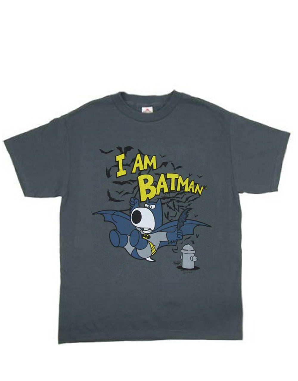 Family Guy Brian Batman graphic on a grey adult t-shirt.